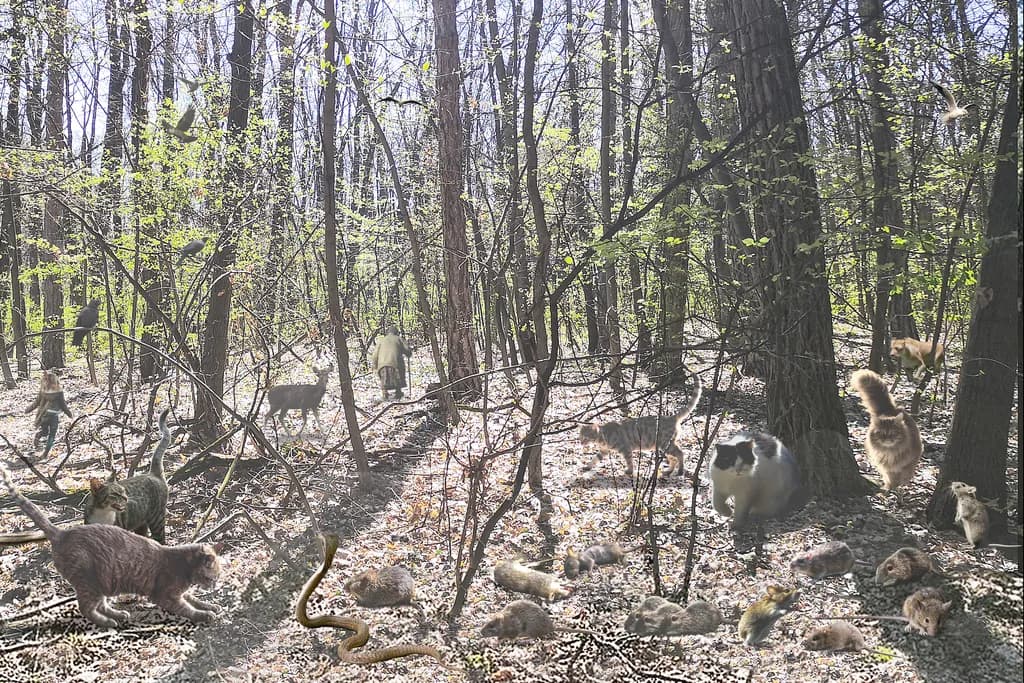 Whiskers in the Woods: A Playful Gathering of Feline Friends and Forest Creatures