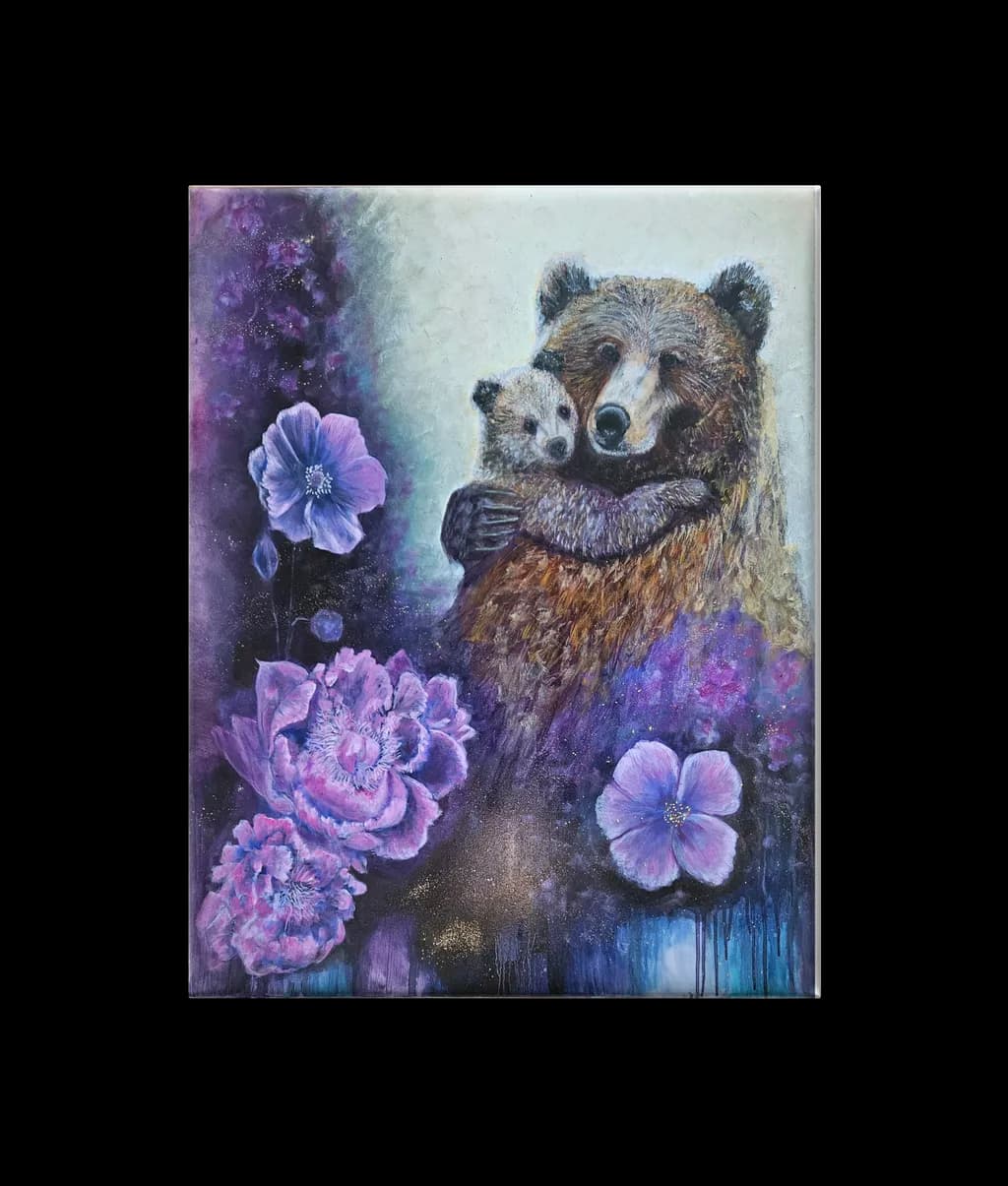 Whispers of Love: A Mother Bear's Embrace Amidst Blossoming Florals