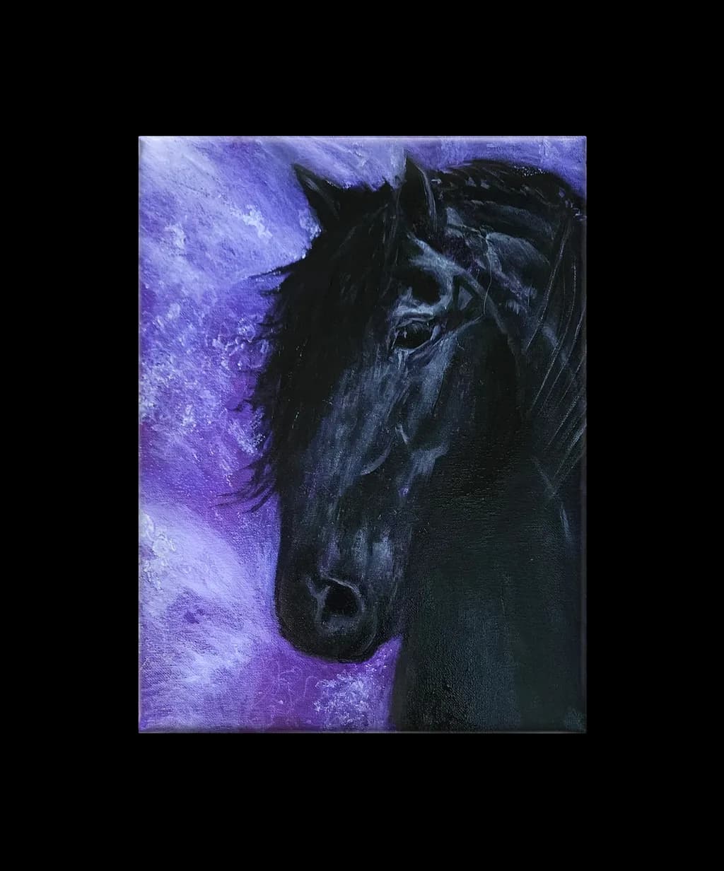 Majestic Shadow: A Black Horse Against a Dreamy Purple Sky