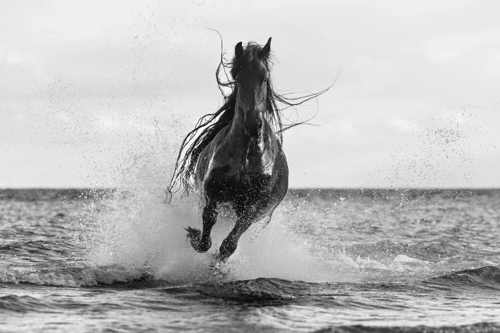 Ethereal Freedom: A Black and White Dance of Horse and Water
