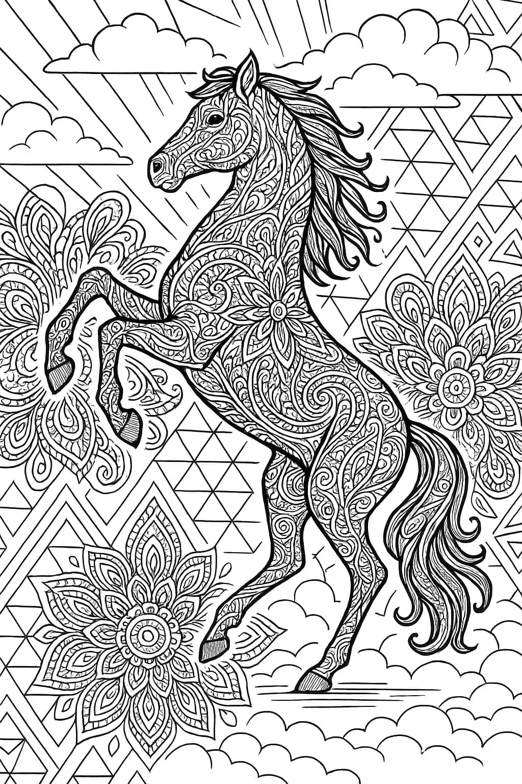 Majestic Equine Dance: A Detailed Mandala Horse Coloring Art for Relaxation and Creativity