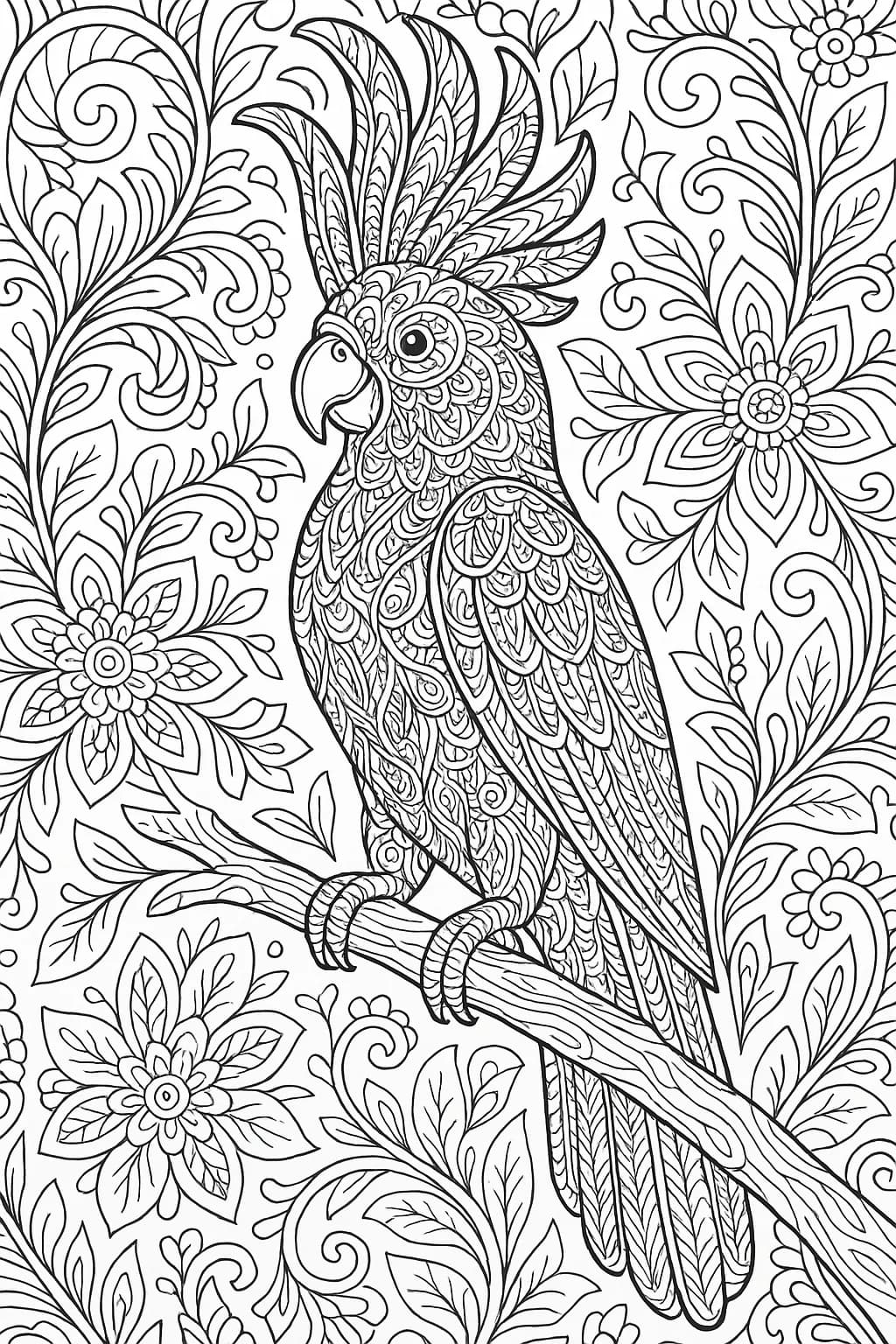 Whimsical Elegance: A Detailed Coloring Adventure with a Majestic Parrot Amidst Floral Patterns