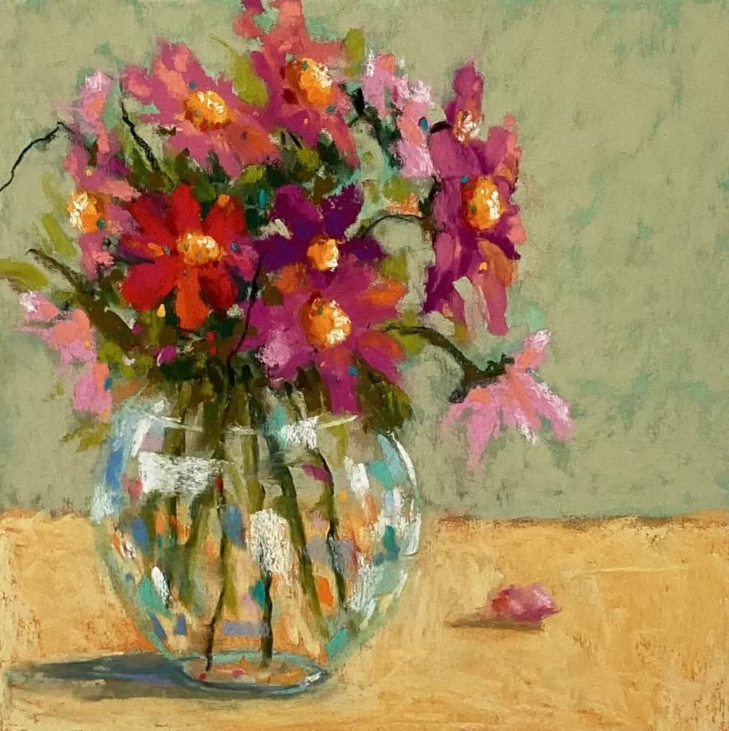 Vibrant Blossoms: A Colorful Floral Still Life in Glass