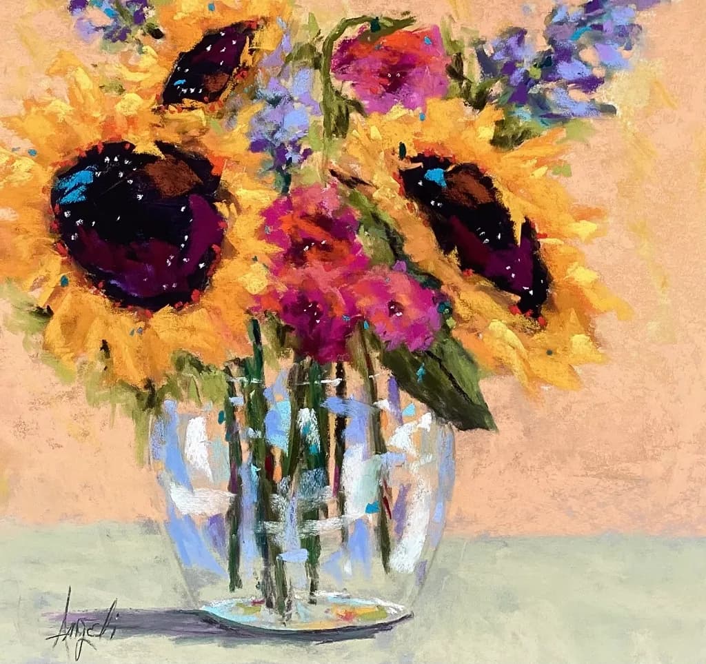 Vibrant Sunflower Symphony: A Colorful Floral Arrangement in Glass
