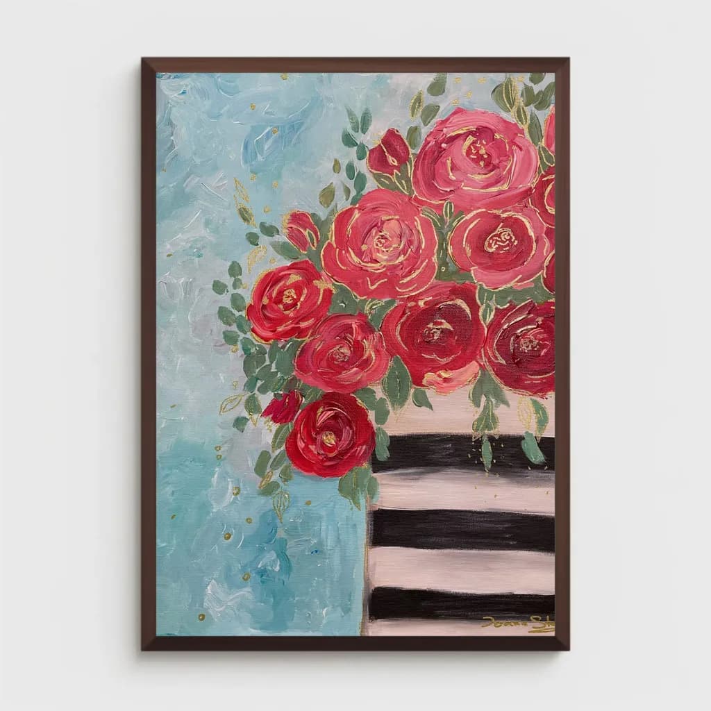 Vibrant Roses in a Striped Vase: A Celebration of Color and Elegance