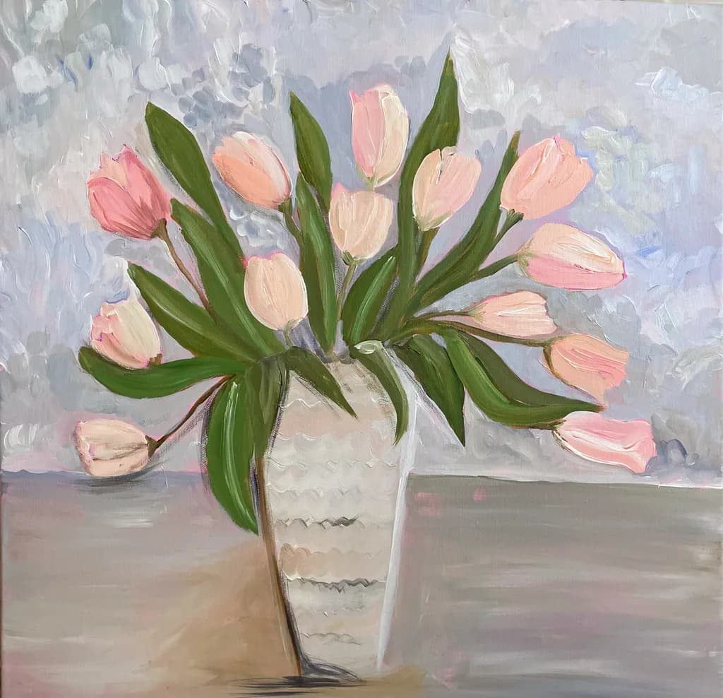 Blossoms in Serenity: A Pink Tulip Dreamscape in a Textured Vase