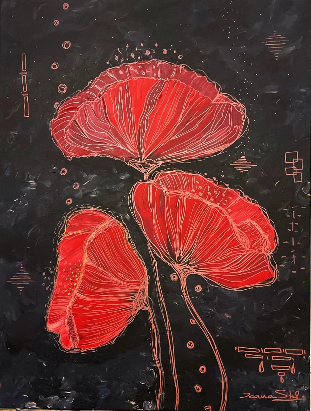 Crimson Whispers: A Dance of Poppies Against the Night Sky