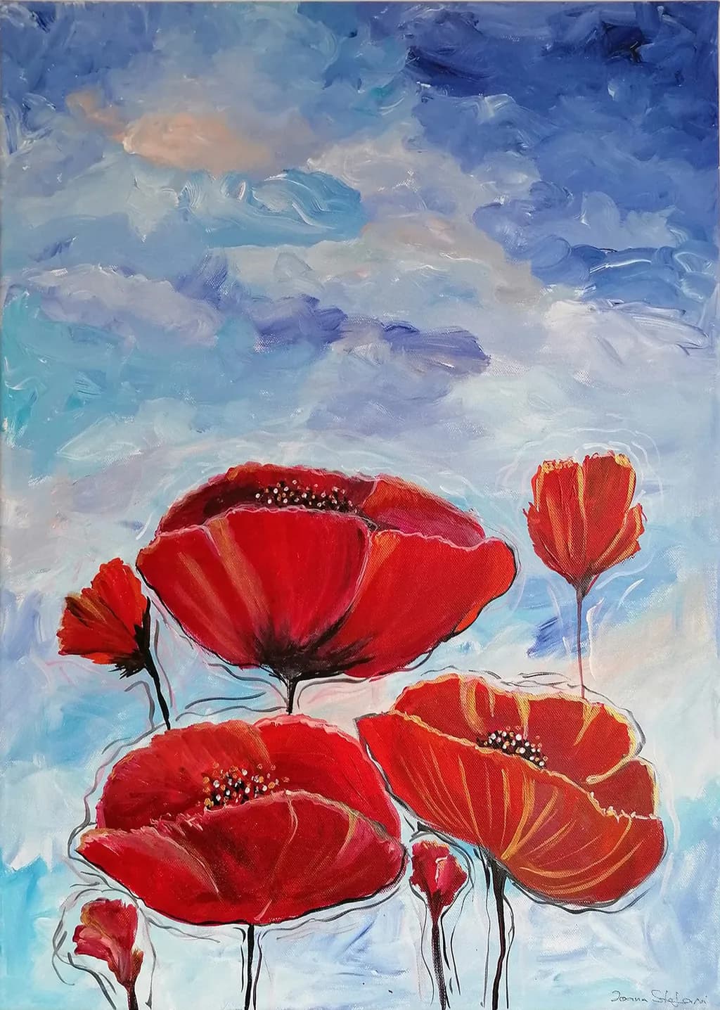 Vibrant Red Poppies Dancing Under a Serene Sky