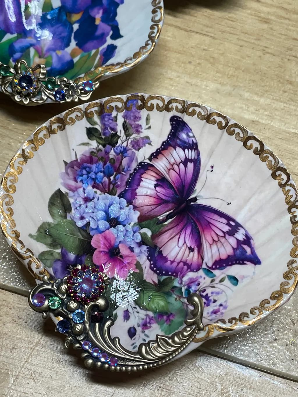 Whimsical Butterfly Blossom: A Handcrafted Floral Dish with Elegant Gem Accents