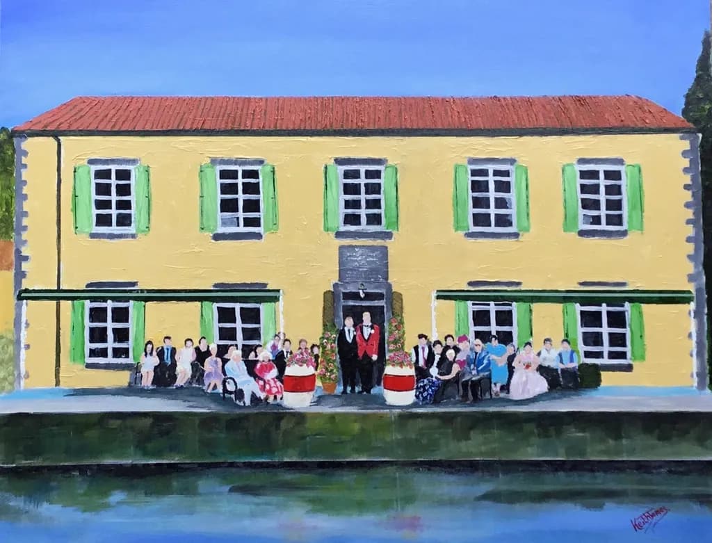 Celebration by the Colorful Yellow House: A Joyful Gathering of Friends and Family