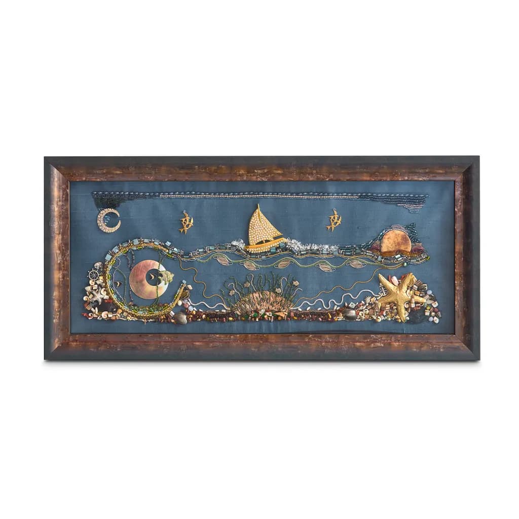 Whimsical Coastal Journey: A Textured Seascape of Sailboats and Seashells