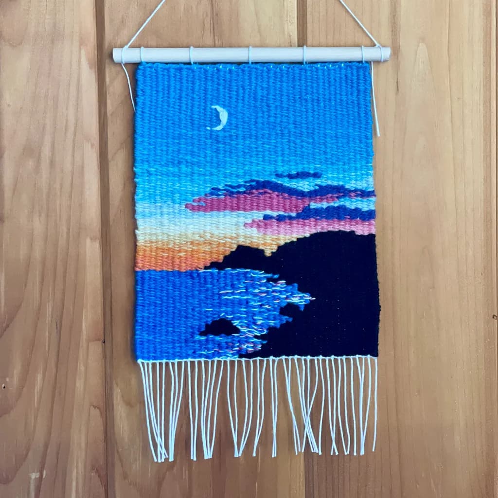 Serene Twilight: Handwoven Coastal Landscape Tapestry with Moonlit Sky