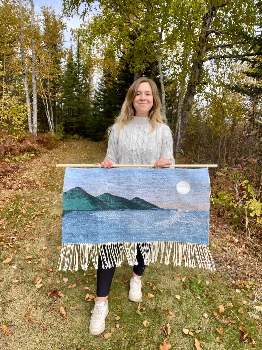 Serene Coastal Escape: Handwoven Tapestry of Tranquil Waters and Majestic Mountains