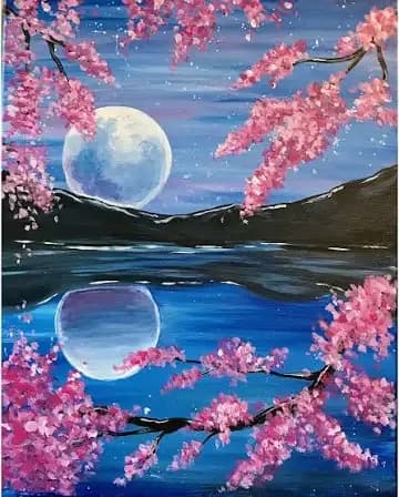 Moonlit Reflections: A Serene Dance of Cherry Blossoms and Tranquil Waters