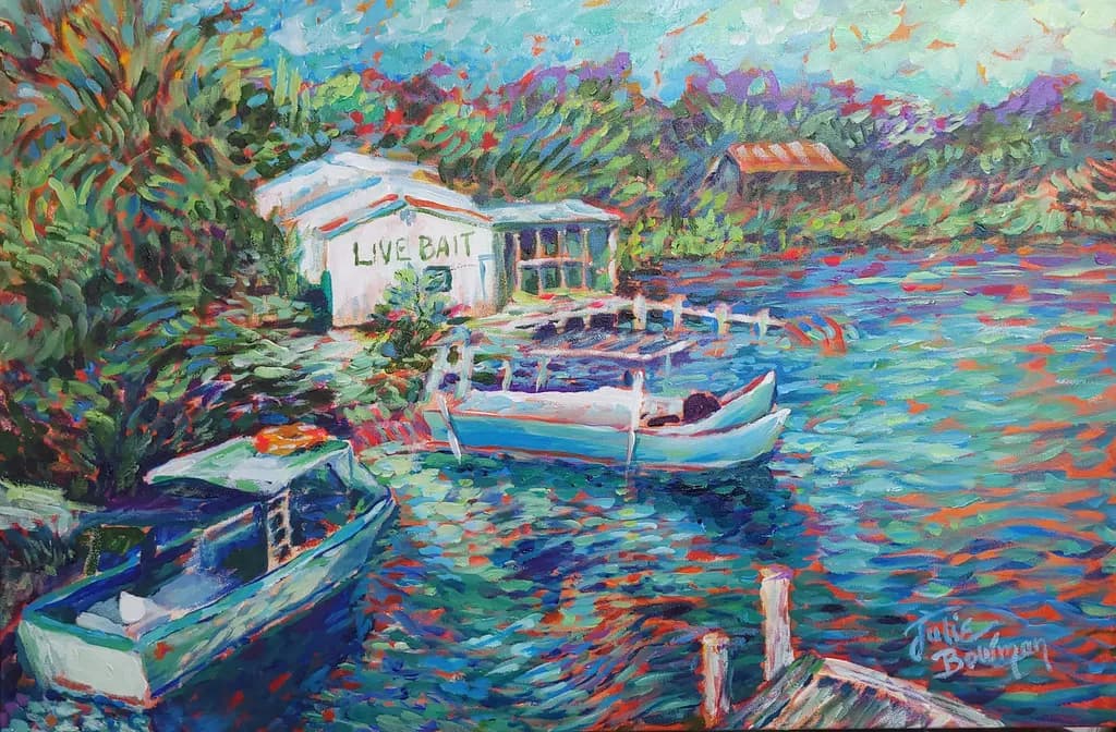 Baiting Beauty: A Vibrant Dance of Boats and Reflections by the Water's Edge