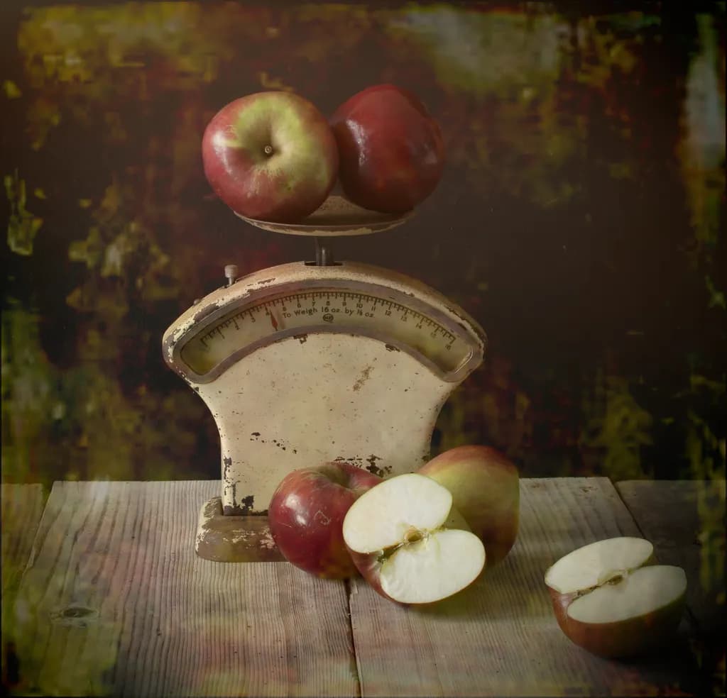 Timeless Balance: A Vintage Scale with Fresh Apples