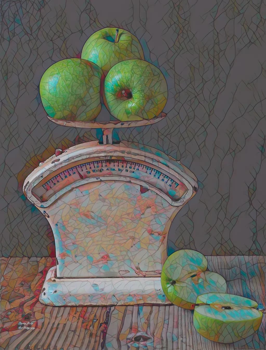 Whimsical Weighing: A Colorful Still Life of Green Apples on a Vintage Scale
