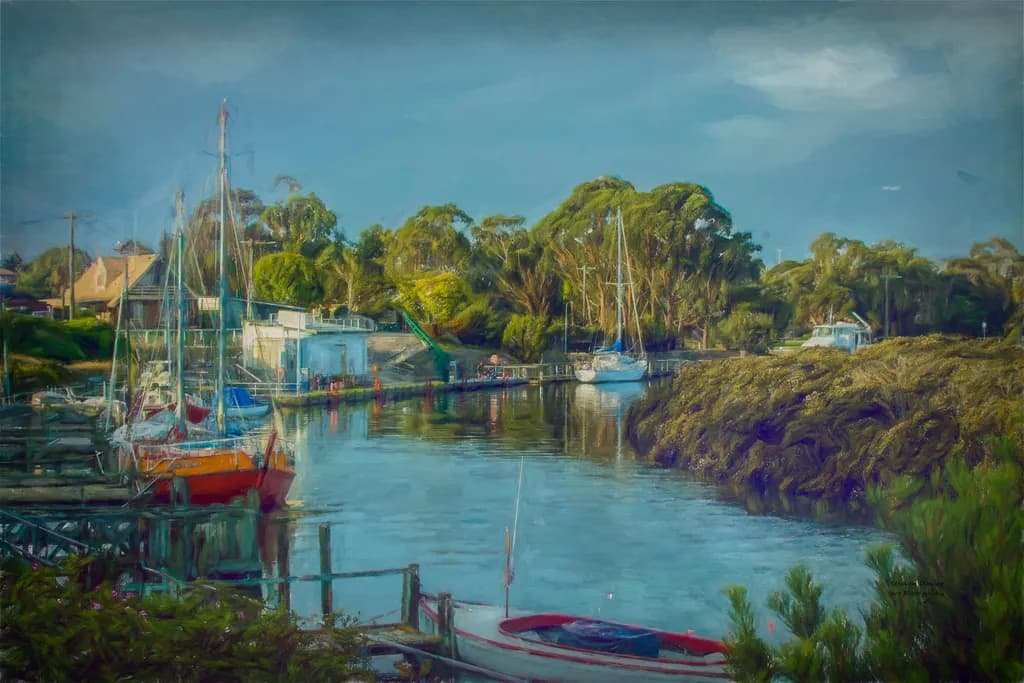Serenity at the Harbor: A Tranquil Landscape of Boats and Trees by the Water