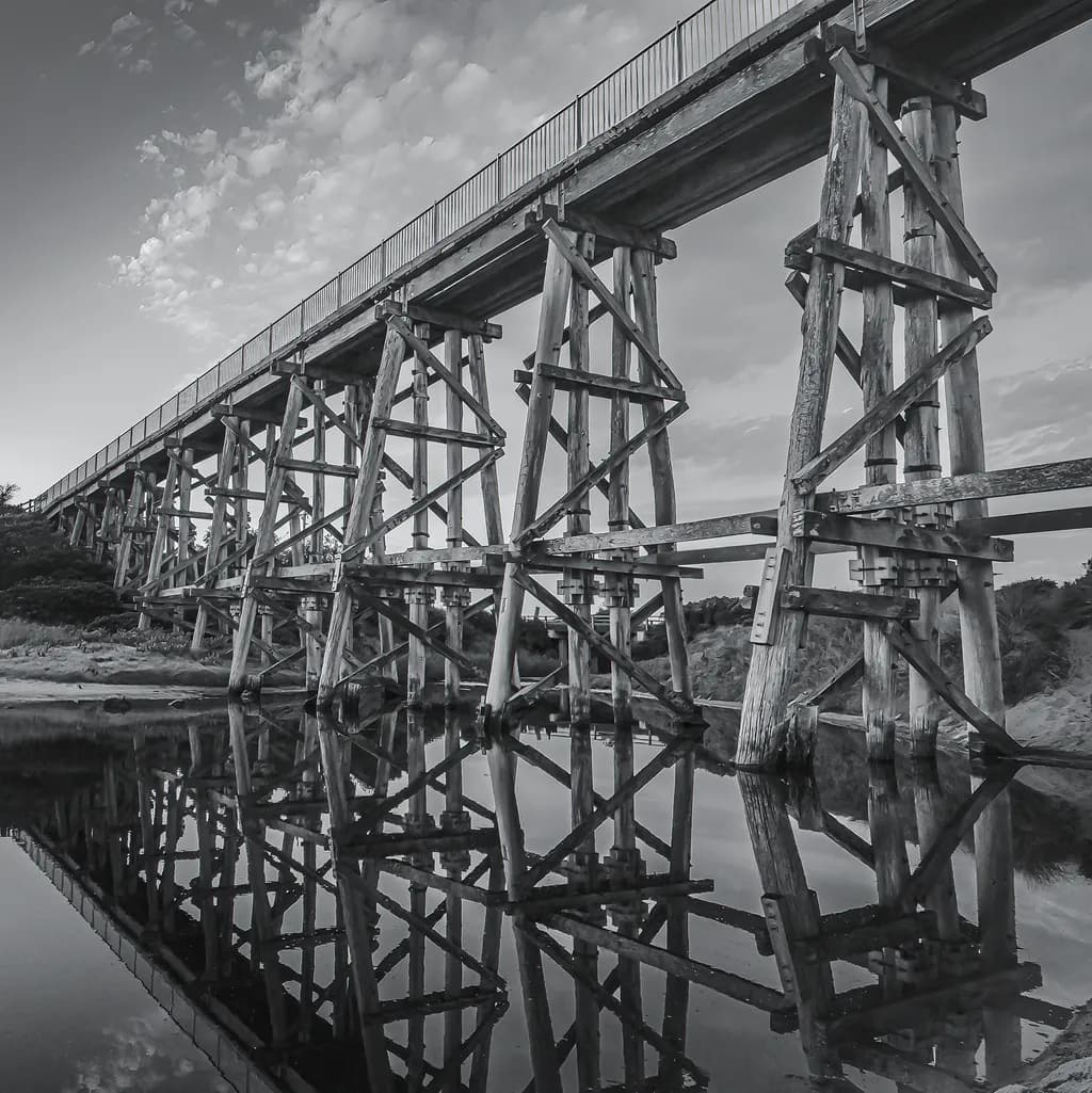 Whispers of Time: The Majestic Reflection of an Old Bridge in Monochrome Serenity