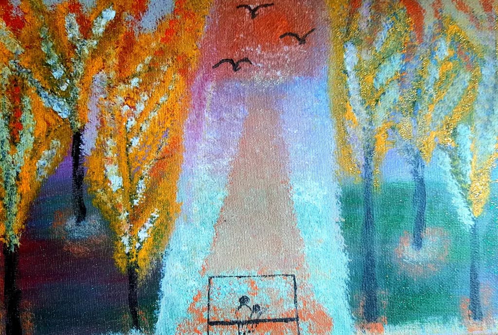 Whispers of Autumn: A Serene Pathway Through Golden Trees and Soaring Birds