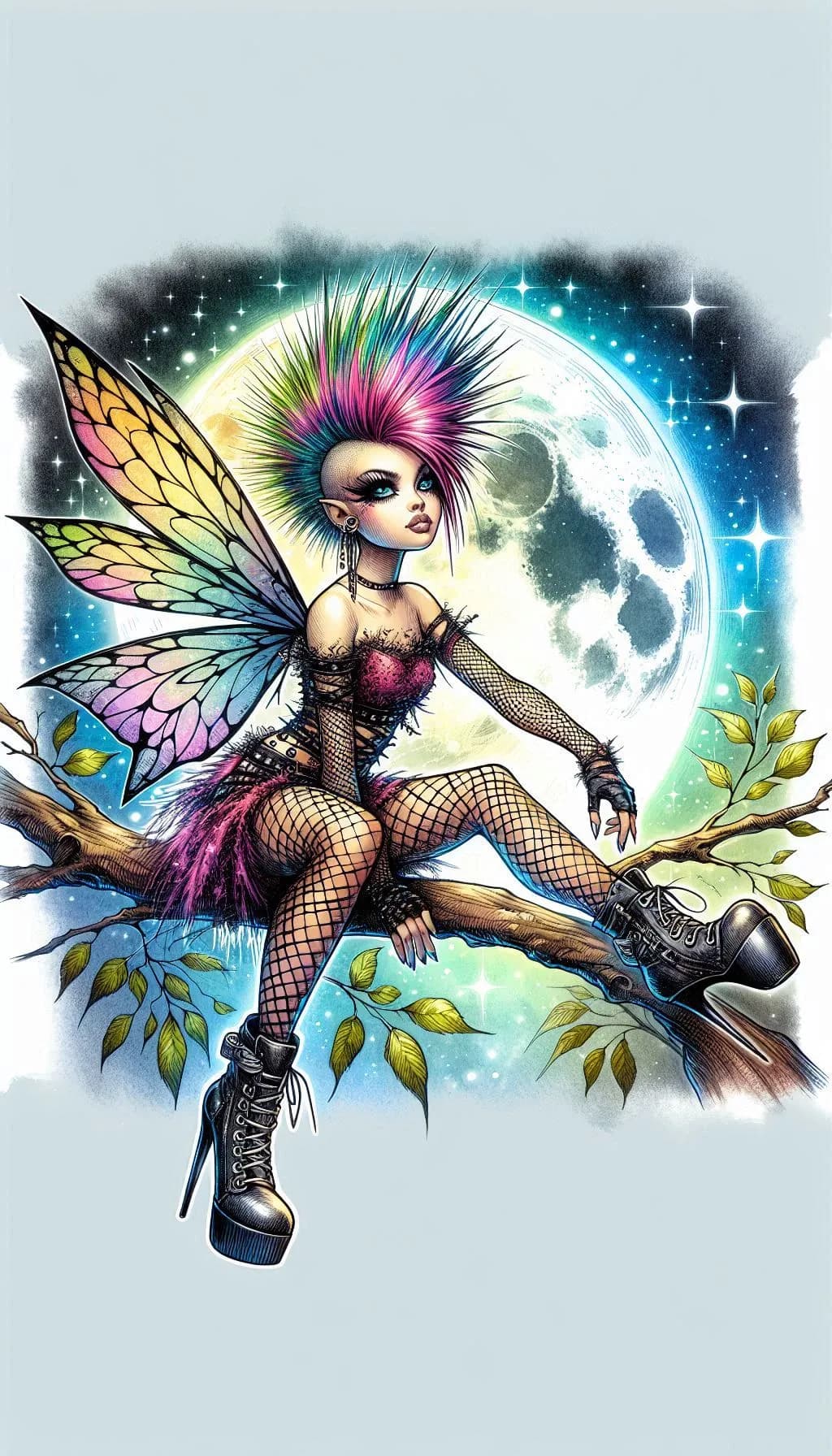 Whimsical Punk Fairy Under the Moonlight: A Vibrant Fusion of Fantasy and Edge
