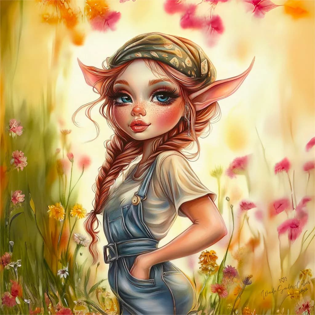 Whimsical Elf in a Colorful Floral Dreamscape