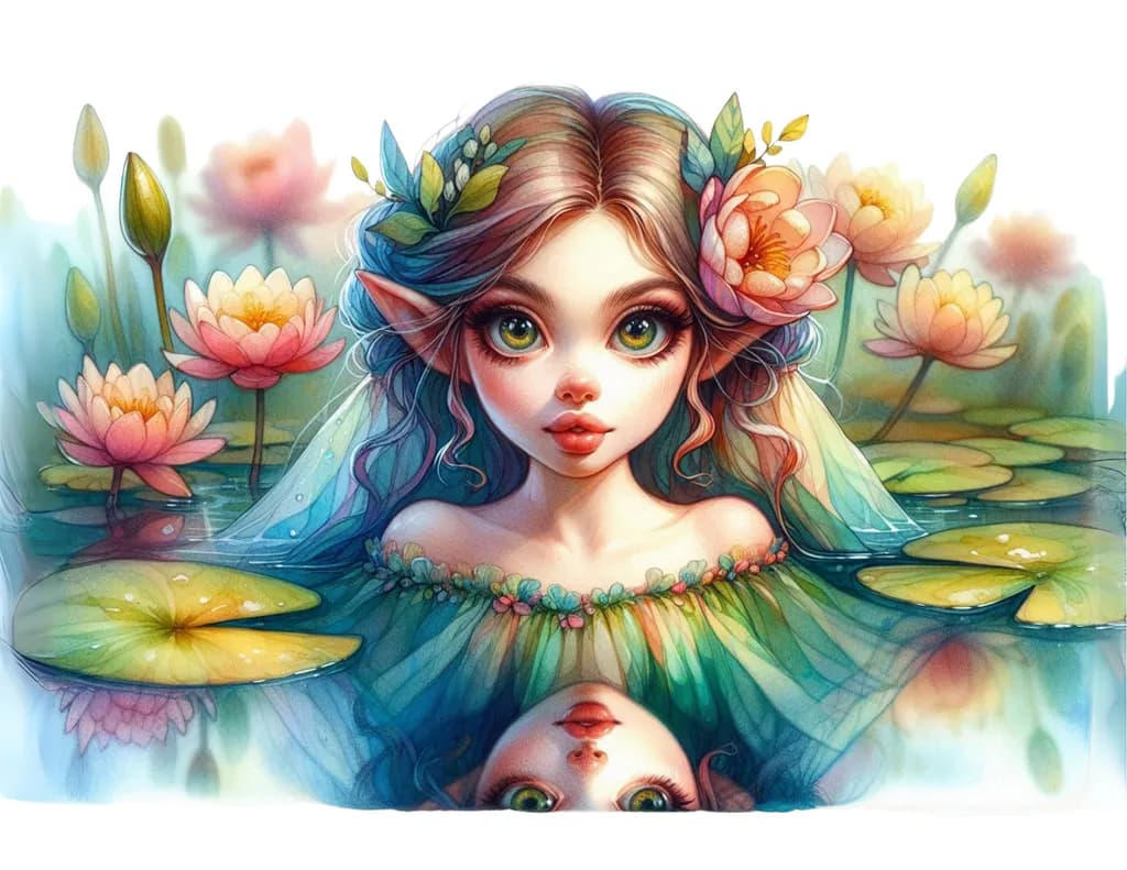 Enchanted Reflection: A Water Nymph Amidst Lotus Blooms