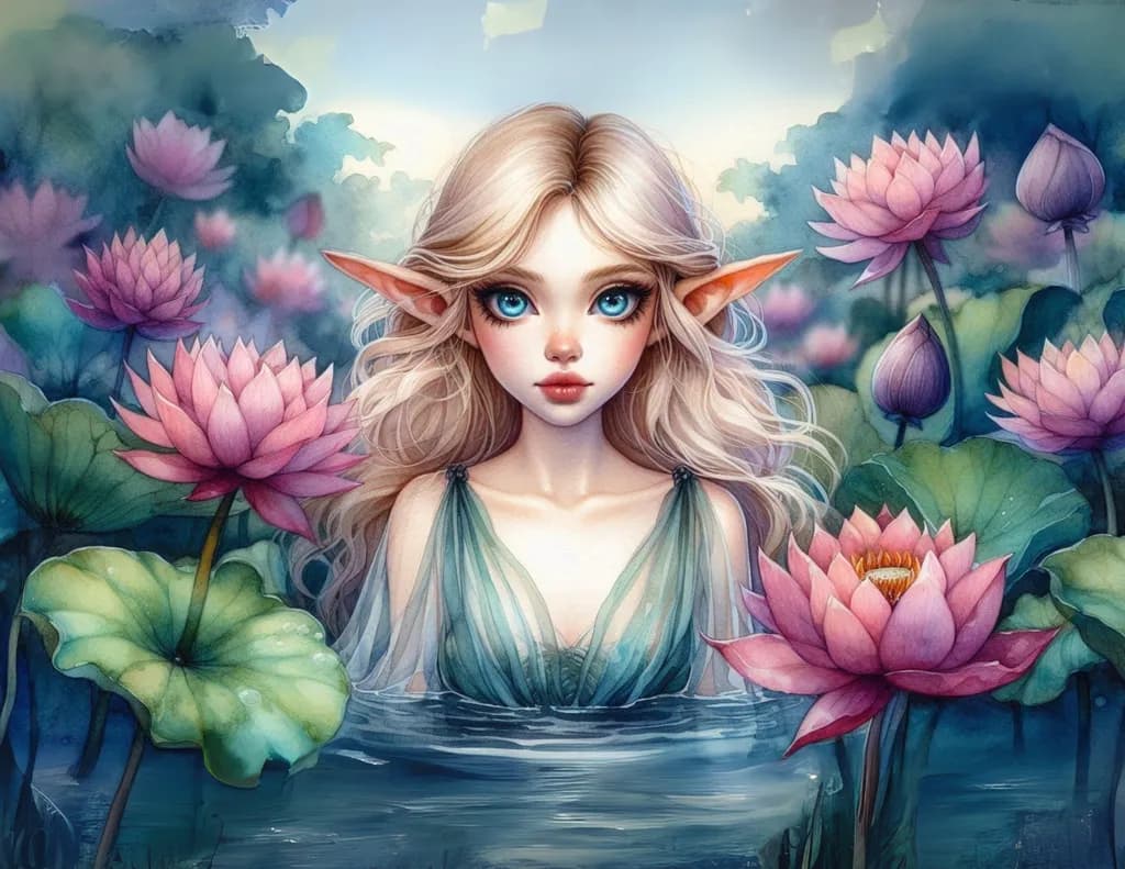 Whispers of the Ethereal: A Serene Elf Amidst Lotus Blooms
