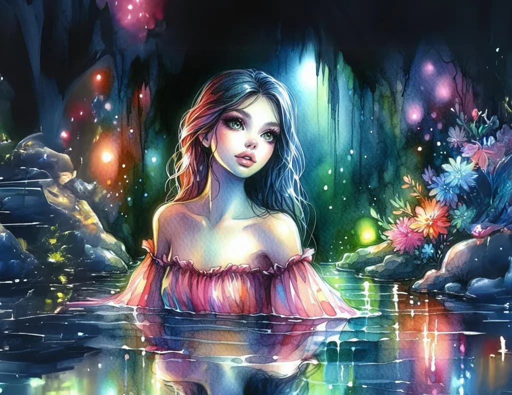 Ethereal Serenity: A Watercolor Fantasy of Flora and Glow in a Mystical Pool