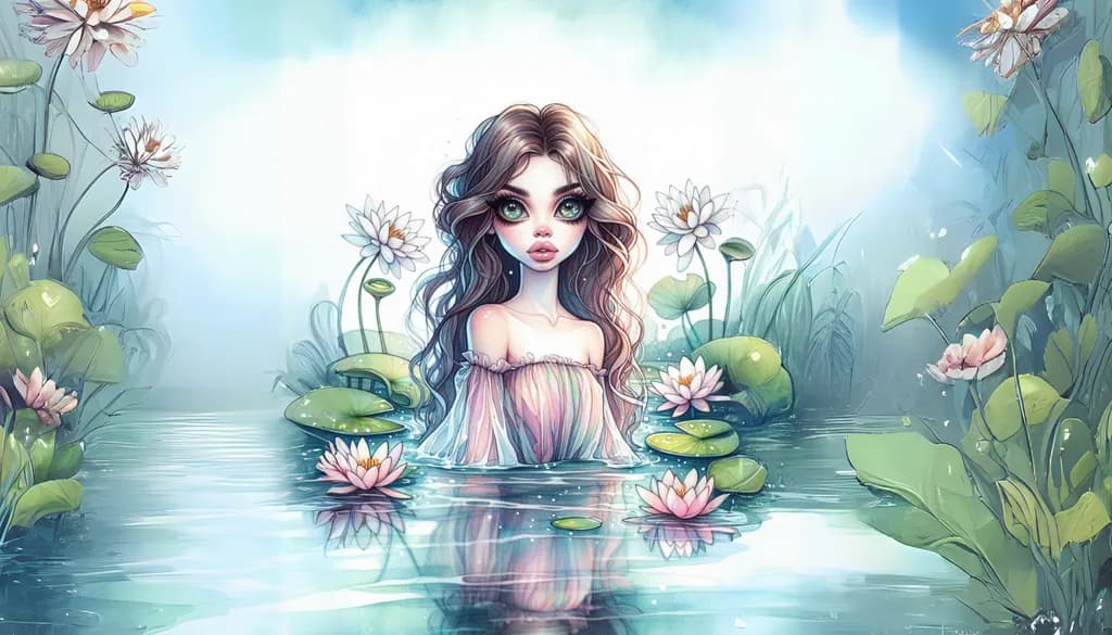 Whispers of Serenity: A Dreamy Water Nymph Amidst Lily Pads and Blossoms