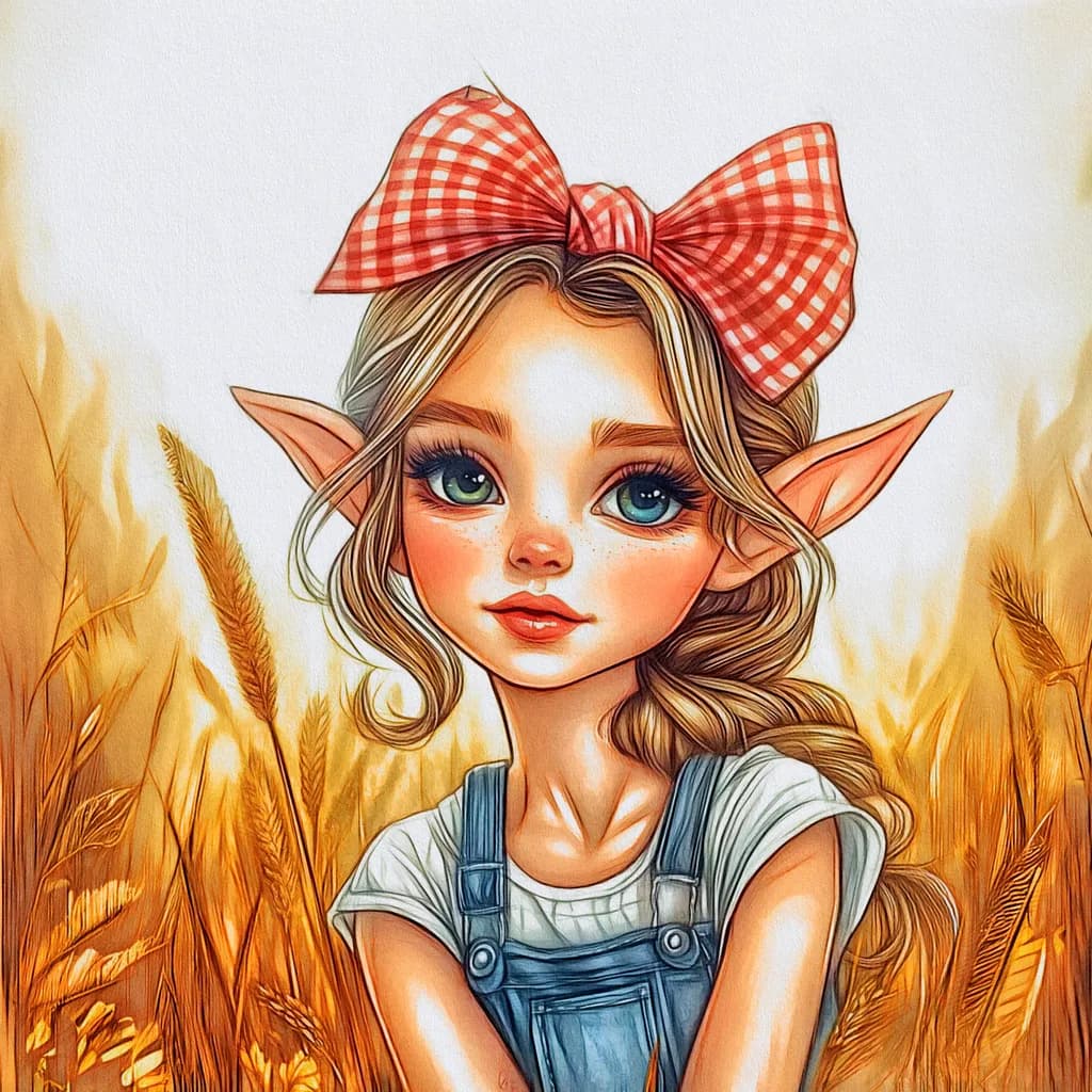 Whimsical Harvest: Enchanted Girl in Golden Fields with a Playful Bow
