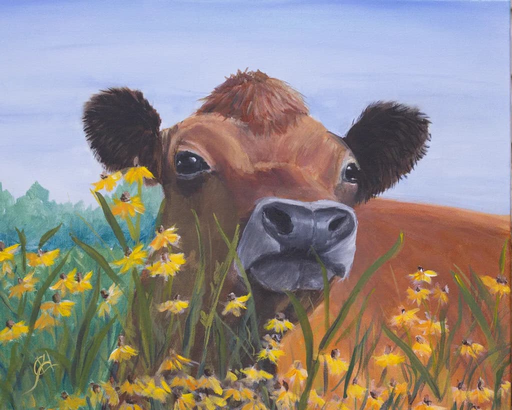 Whimsical Cow Amidst Golden Blooms: A Portrait of Nature's Charm