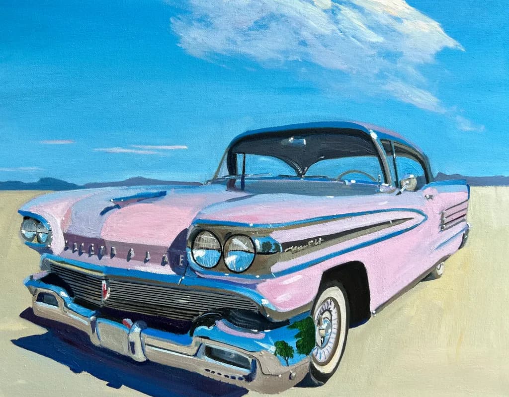 Vintage Dreams: A Pink Classic Car Under the Endless Sky