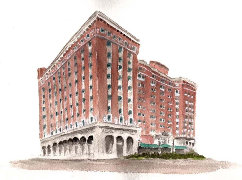 Urban Elegance: A Watercolor Tribute to Architectural Landmarks in Red