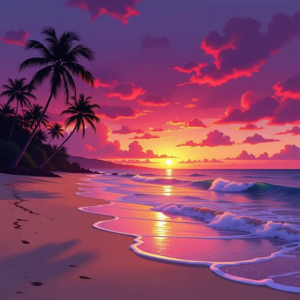 Tropical Twilight: A Serene Sunset Over the Ocean Shoreline