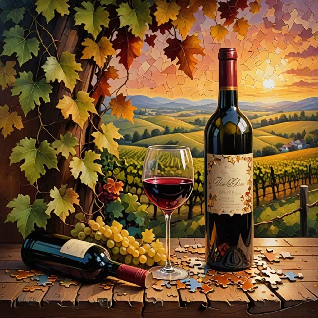 Autumn's Embrace: A Serene Vineyard Sunset with Wine and Grapes