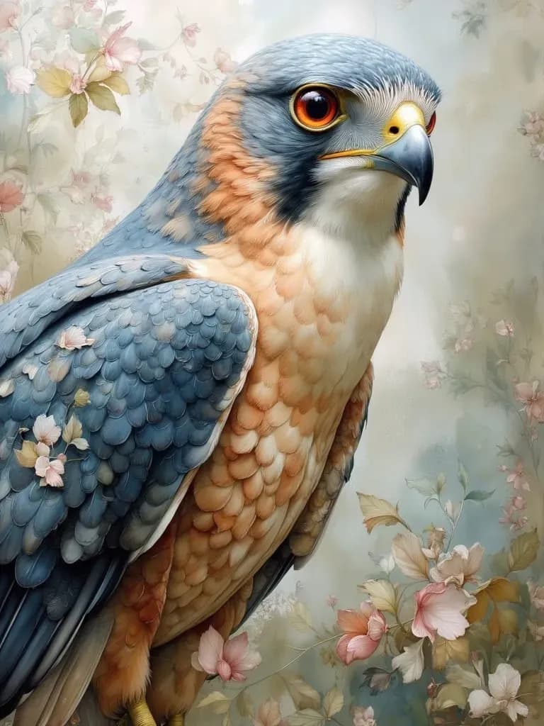 Majestic Falcon Amidst Blossoms: A Serene Encounter with Nature's Beauty