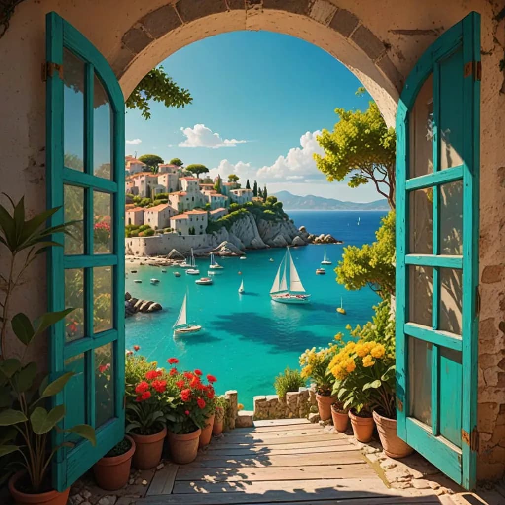 Serene Coastal Escape: A Vibrant View Through Open Doors to a Picturesque Seaside Village