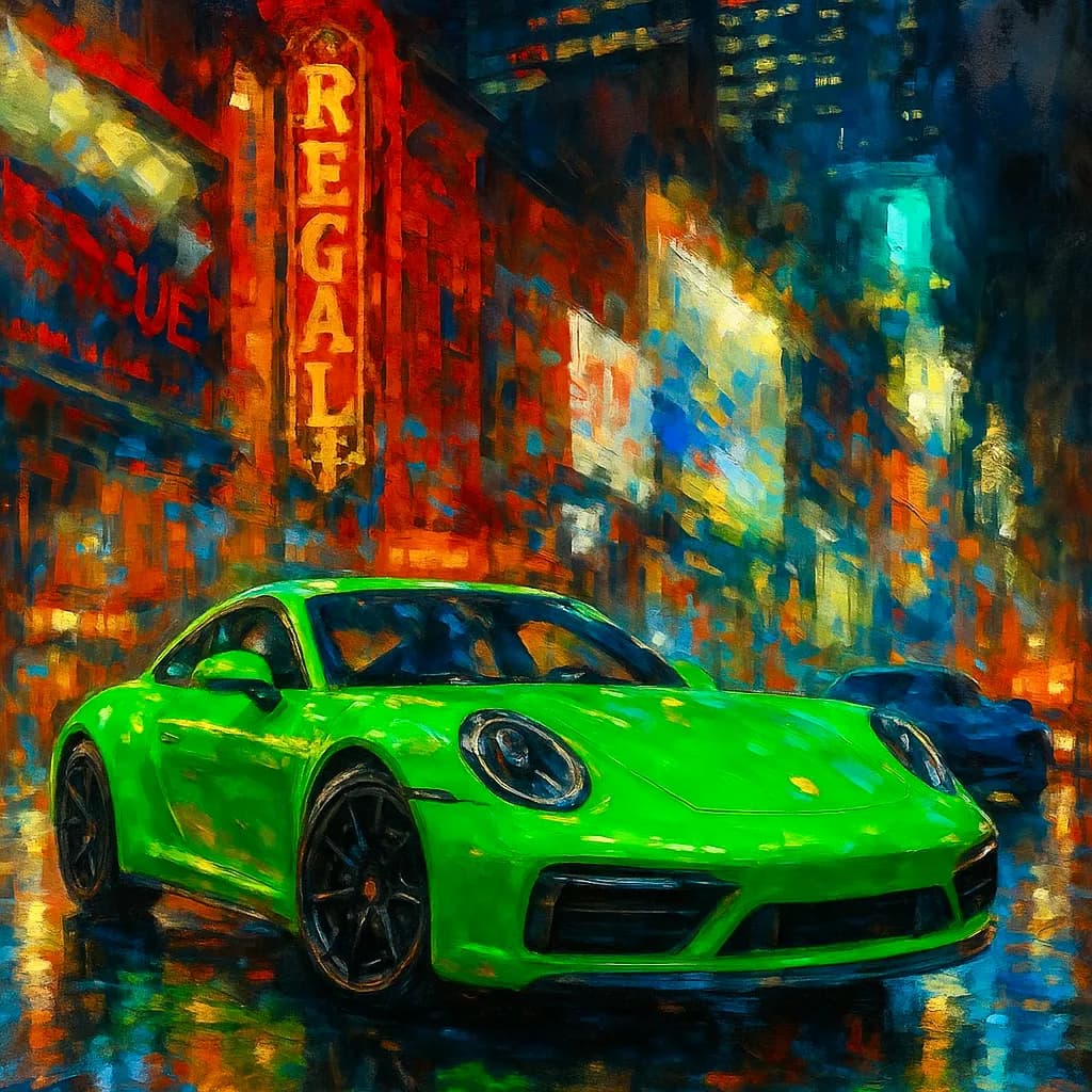 Vibrant Neon Dreams: A Green Porsche in Urban Night Reflections