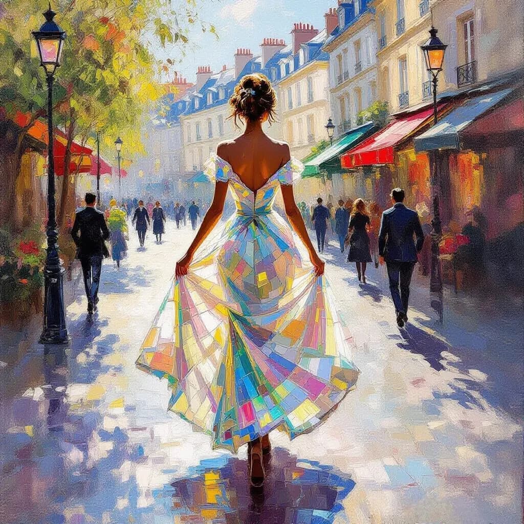 Elegant Urban Stroll: A Vibrant Fashion Statement in a Picturesque Setting