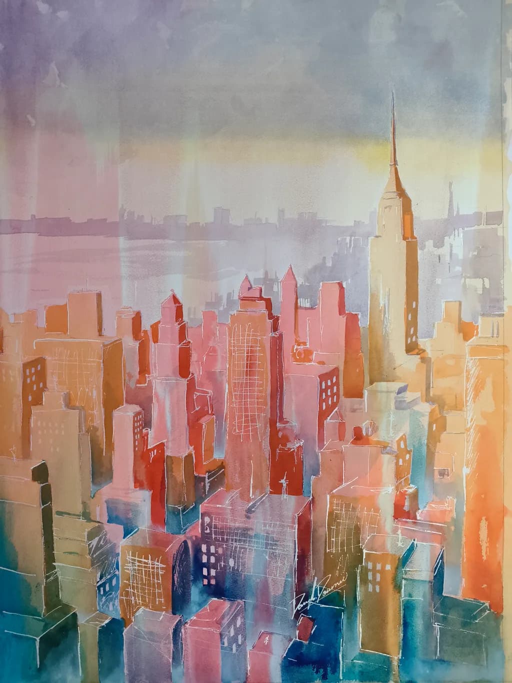 Urban Dreamscape: A Vibrant Watercolor Skyline in Abstract Hues