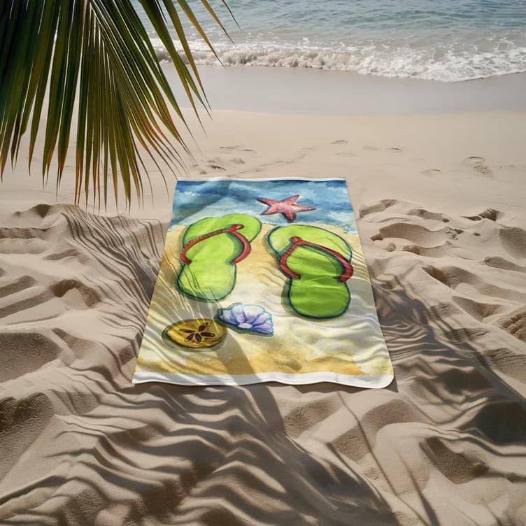 Sunny Shores: A Vibrant Beach Scene with Flip-Flops and Relaxation Elements