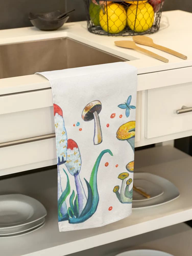 Whimsical Mushroom Garden: A Colorful Kitchen Towel Design for Nature Lovers