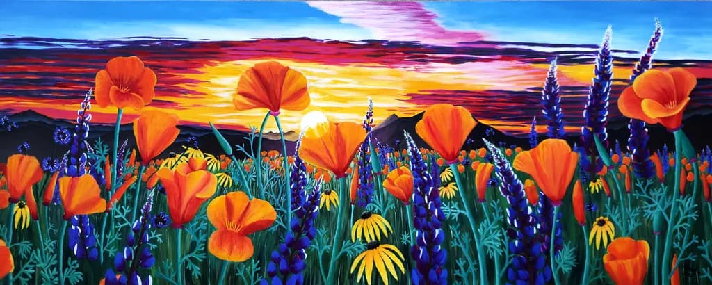 Vibrant Sunset Over a Colorful Floral Landscape: A Celebration of Nature's Beauty