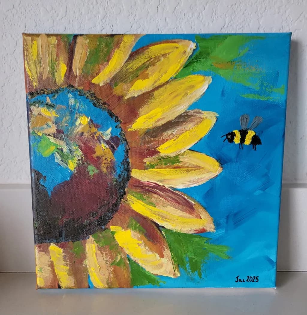 Sunlit Harmony: A Vibrant Sunflower and Bee Dance in Blue Skies