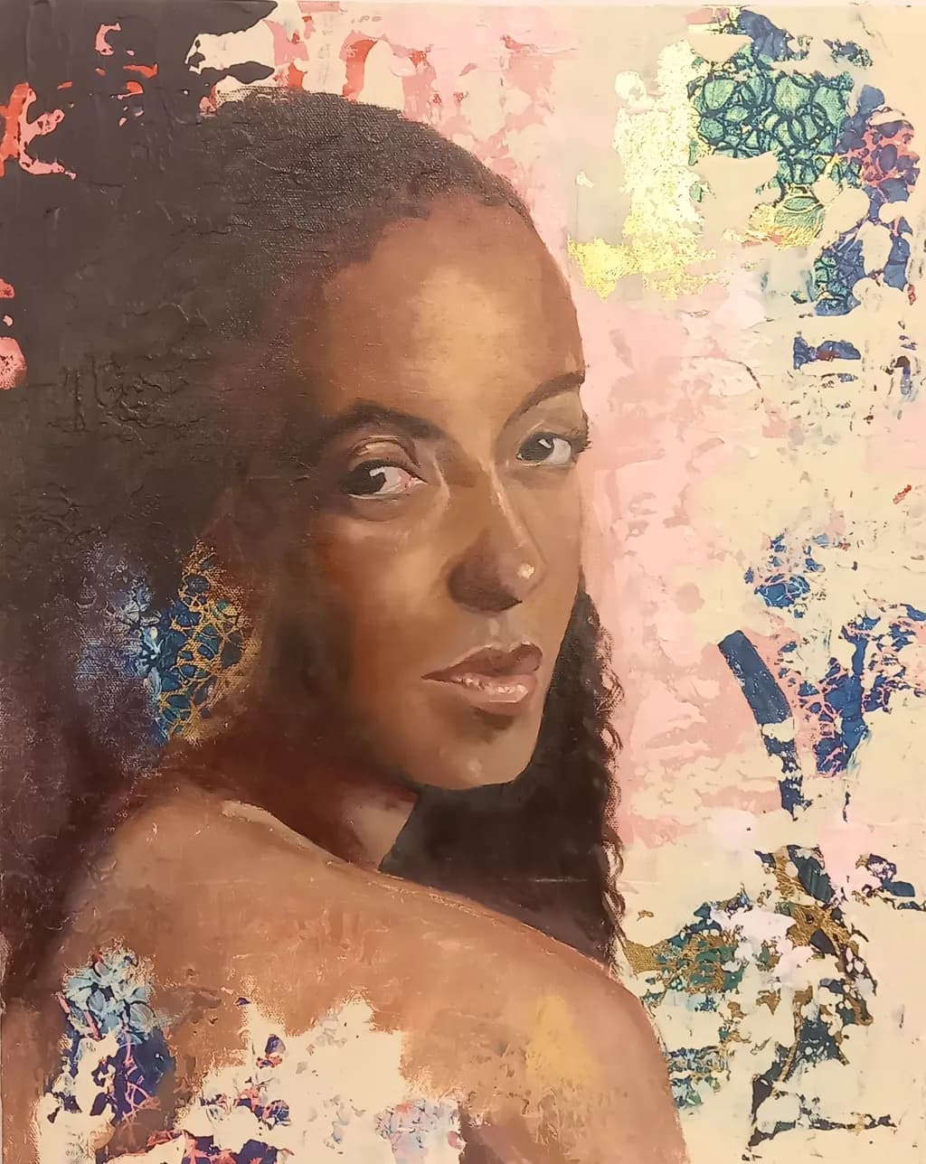 Whispers of Elegance: A Portrait of Strength and Beauty Amidst Abstract Colors