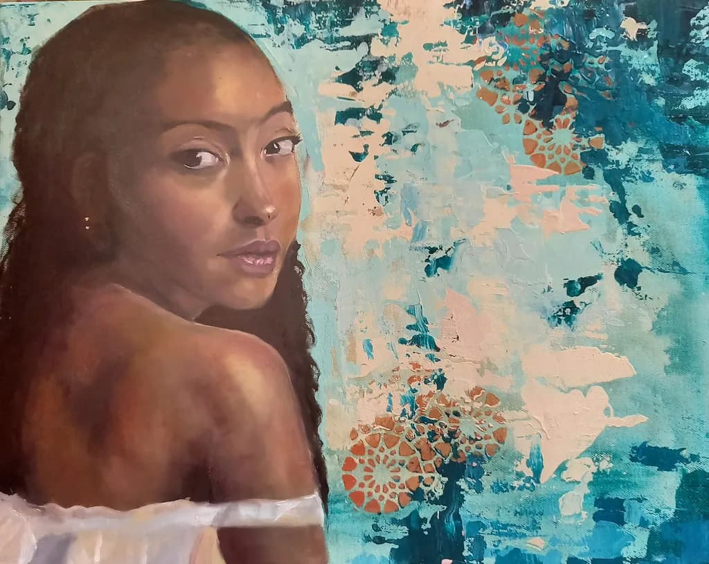 Whispers of Serenity: A Portrait of Grace and Reflection in Vibrant Blues and Earthy Tones