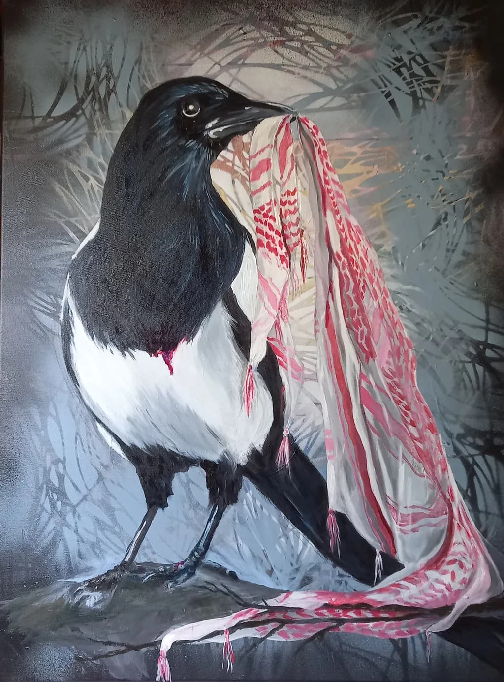 Whispers of the Magpie: A Dance of Fabric and Feather