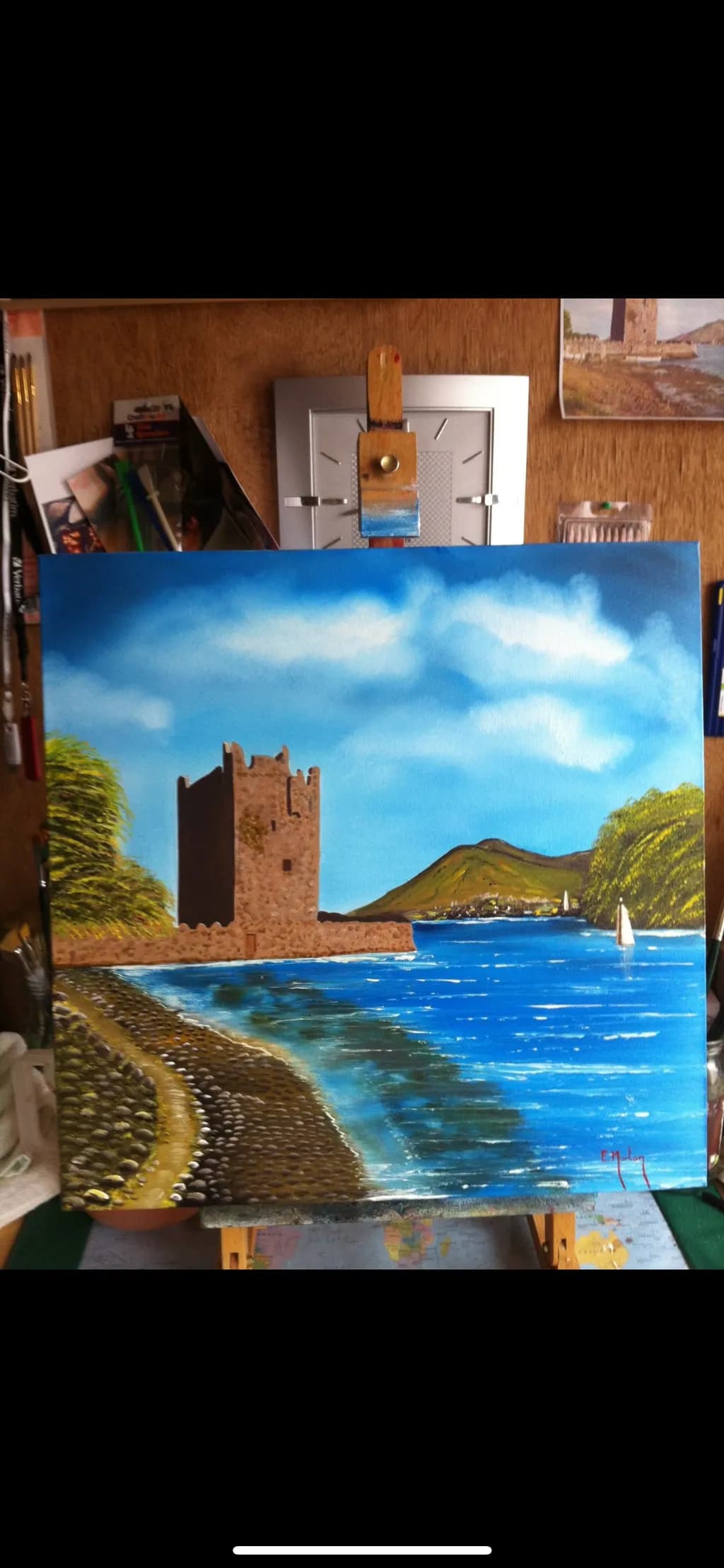Serenity by the Castle: A Tranquil Blue Landscape with Water and Scenery