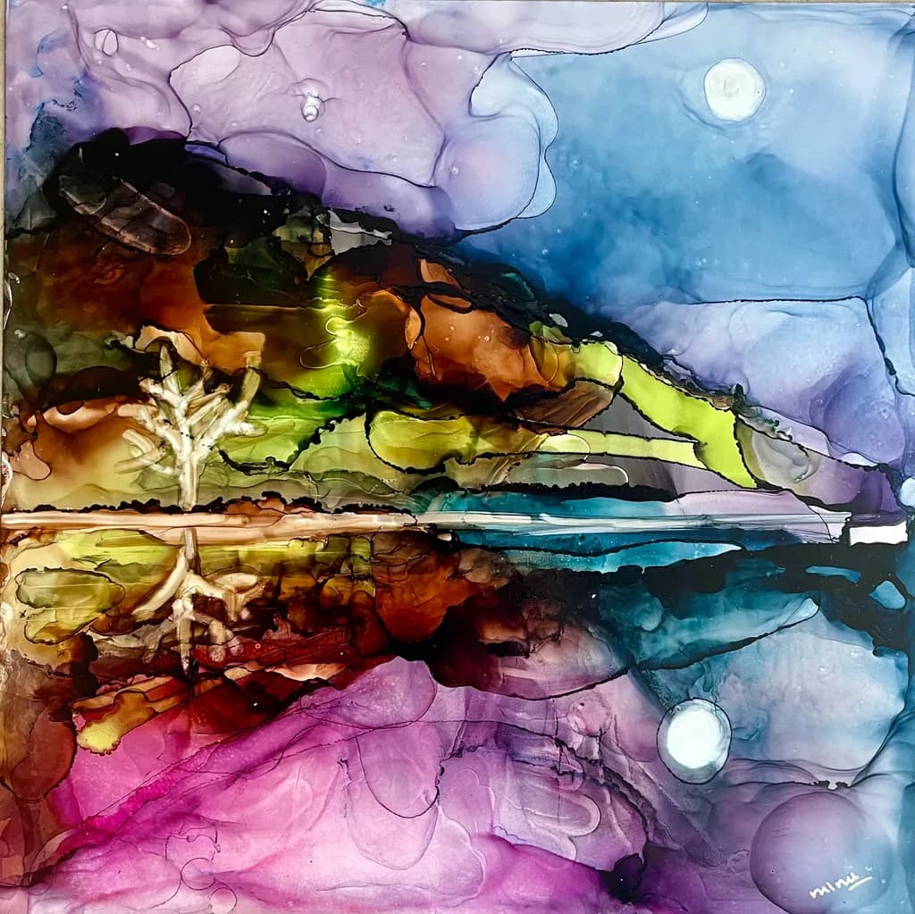 Whispers of Color: A Serene Reflection in Alcohol Ink Art